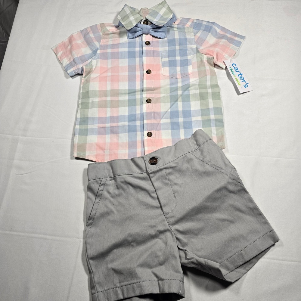 Carter's Baby Boy 12M Plaid Shirt Shorts Bow Tie 3-Piece Outfit Set